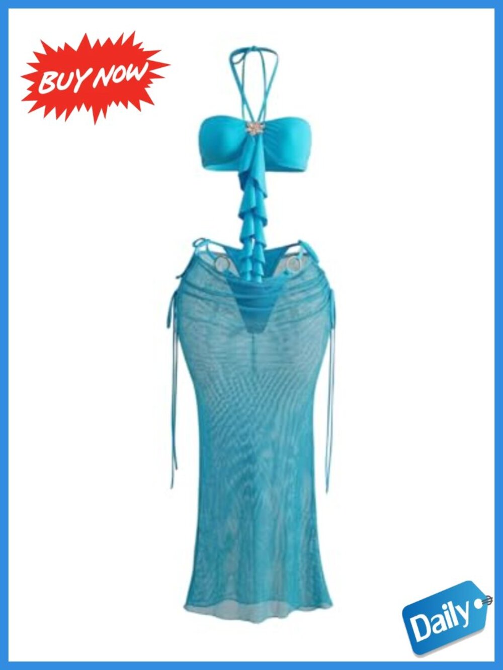 3 Piece Bikini Set with Mesh Sheer Skirt Ruffle Halter Swimwear